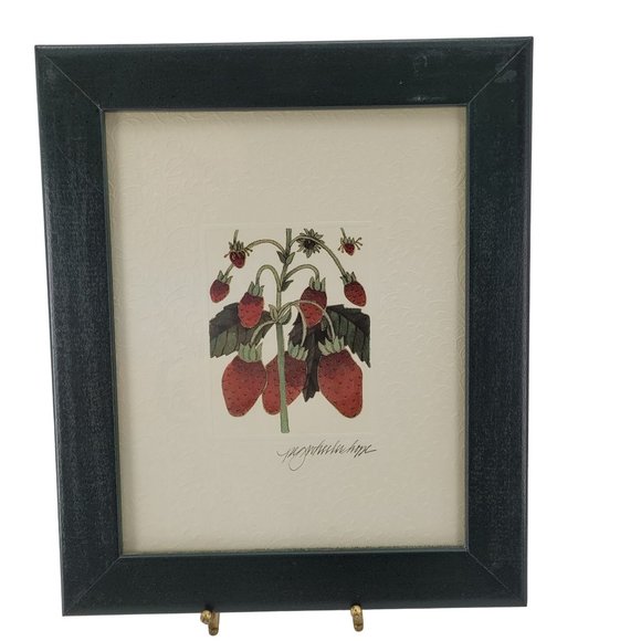 Lithograph Of Strawberries By Peg Wheeler Hope On Embossed Paper in Black Frame - Picture 1 of 5